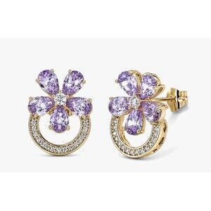 Simulated White and Purple Diamond Flower Earrings in Goldtone